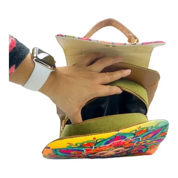 Artisan Made Frida Kahlo Canvas Faux Leather Tote Backpack From Coyoacan Mexico - Picture 4 of 14